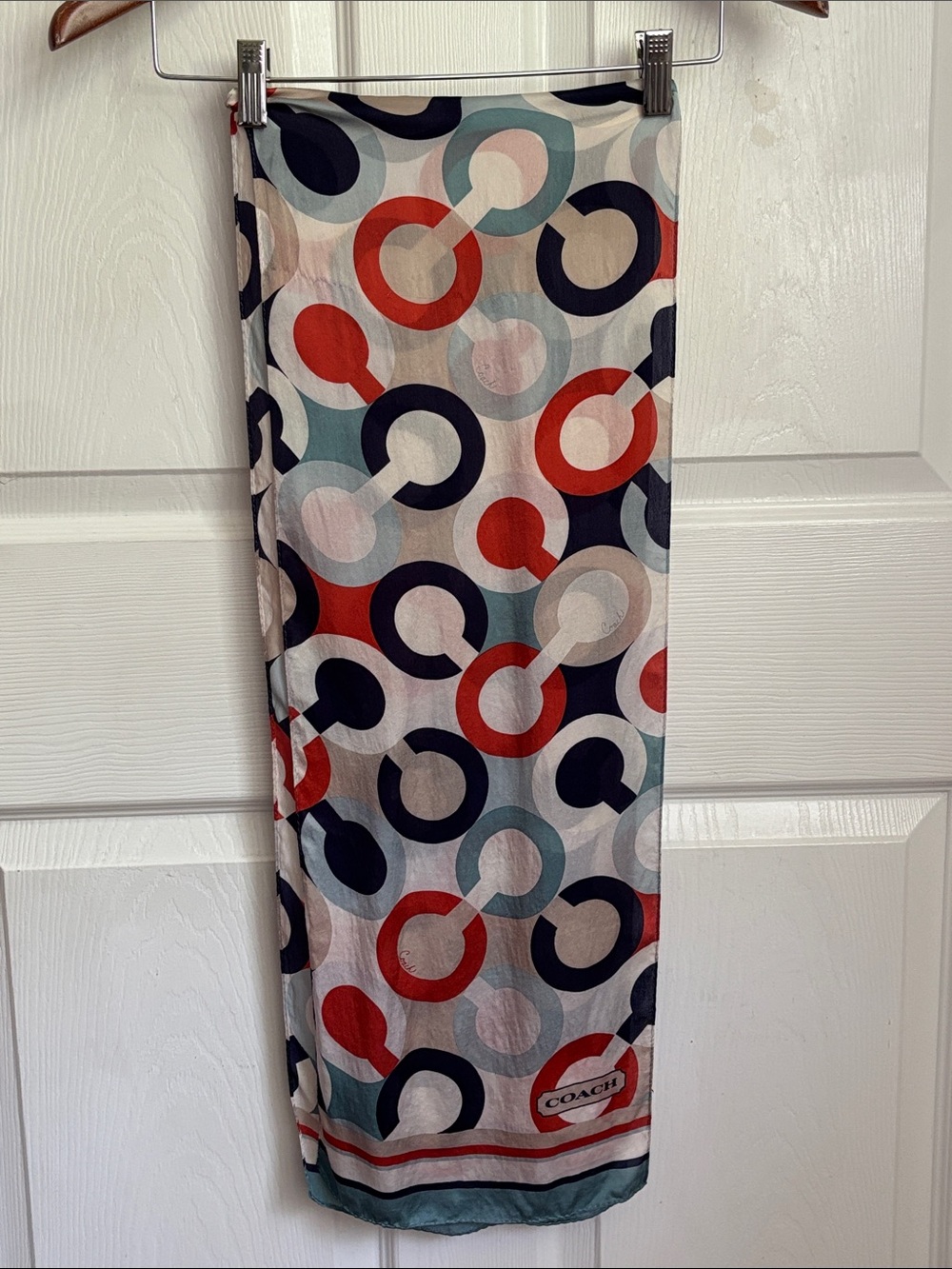 Coach C Logo Graphic Silk Scarf in Red, Navy, Teal 58x10 ascot head wrap scarf